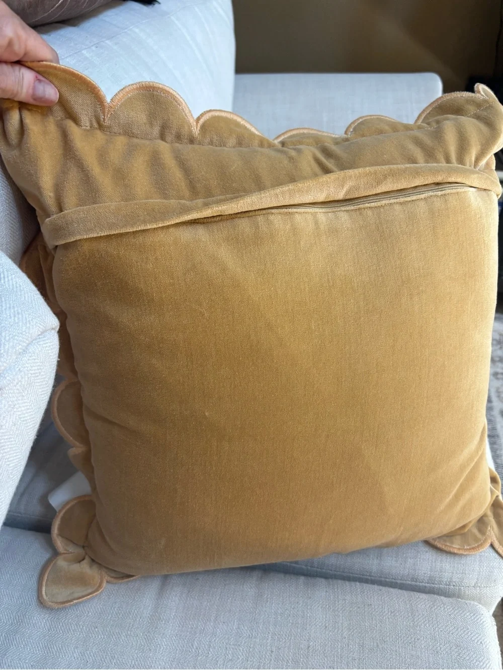 Creative Co-Op Mustard Cotton Velvet Scalloped Flange Throw Pillow 18”NWT